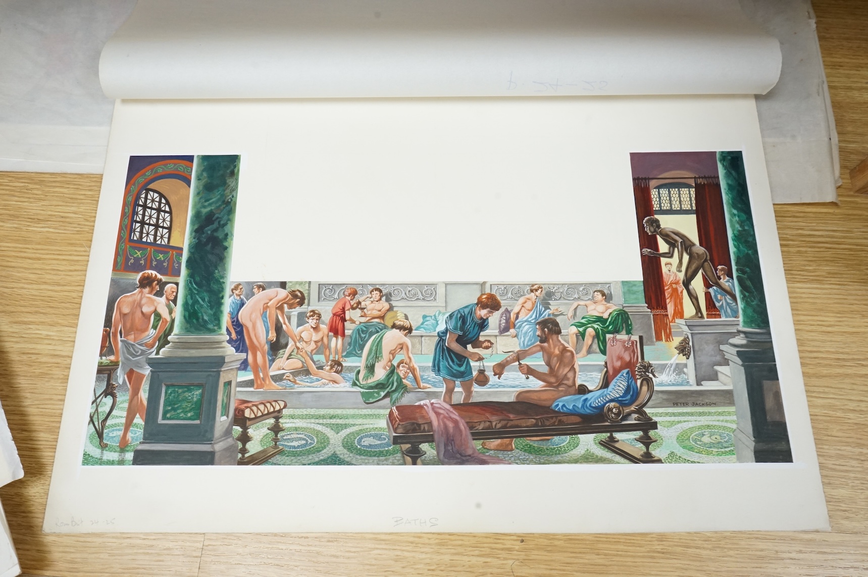 Peter Jackson (1922-2003), Illustrations from 'One day in Roman Britain' to include Portrait studies, Roman wall and Roman Baths, six watercolours, largest 34 x 71cm, unframed, together with two copies of the original bo